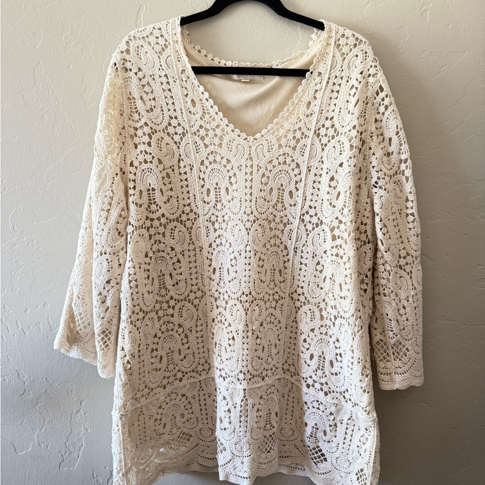 Adiva Ivory Crochet V-Neck Lined Tunic Top Boho Country‎ Size 2X